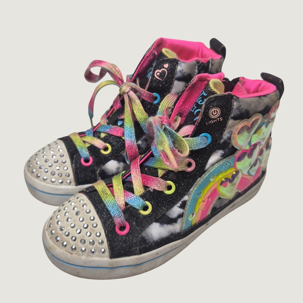 Skechers Twinkle Toes Girls High Top Sneakers Size 13 Black Rainbow Hearts Neon